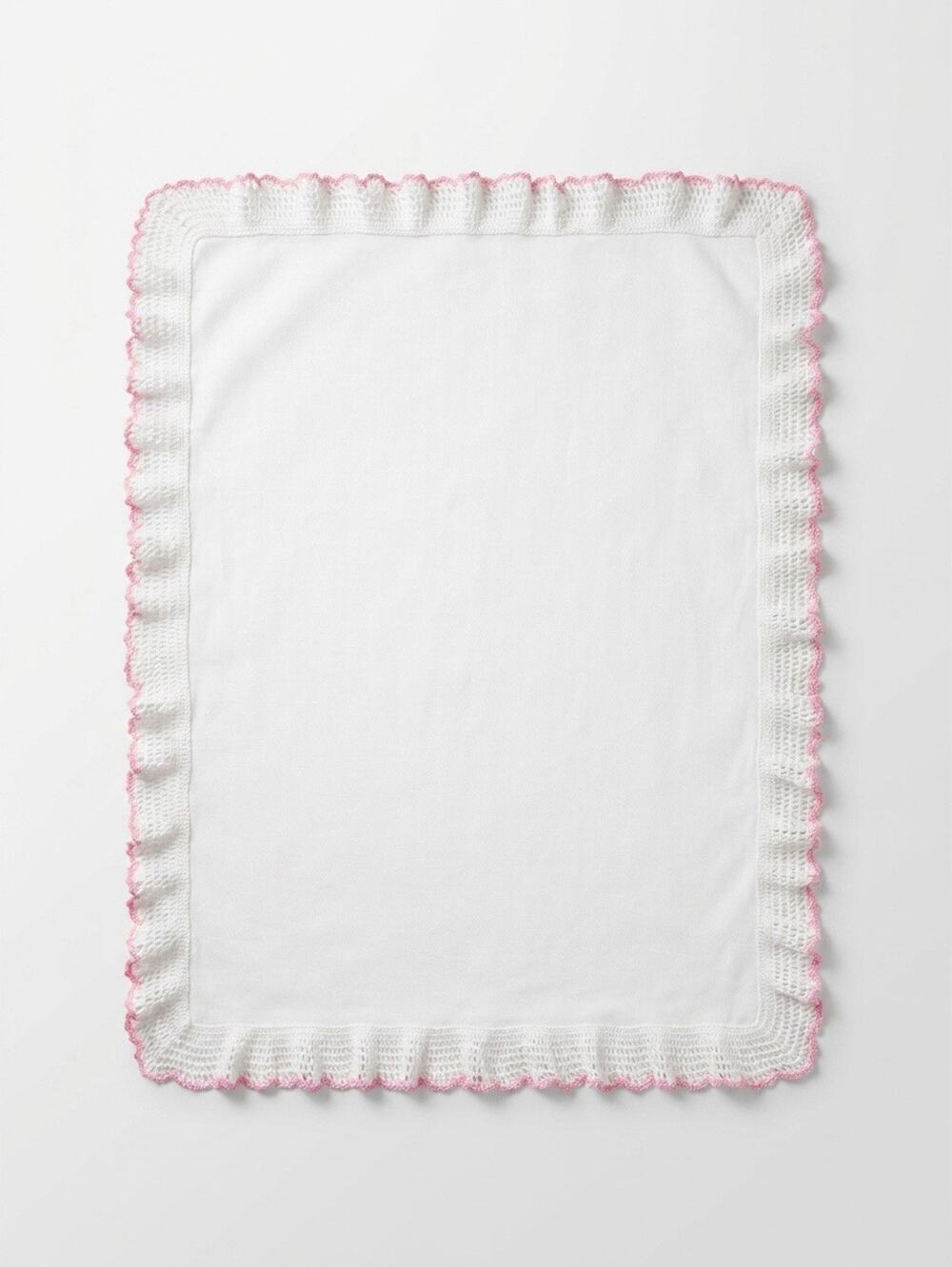 VTG Linen Doily Hand Crochet Knit Ruffle Center White Pink Rectangle Tablecloth